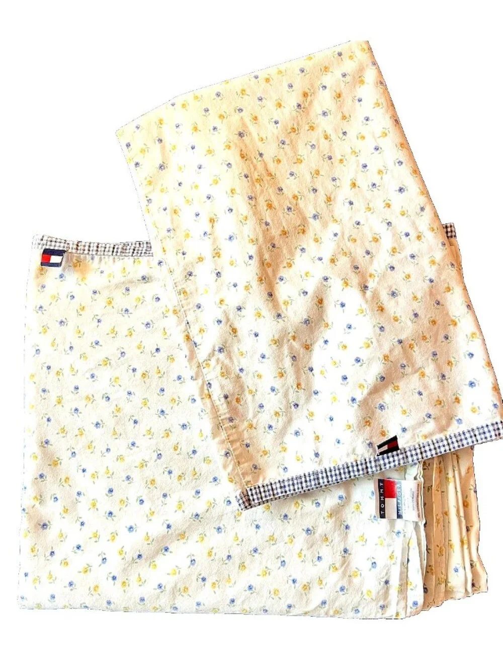 Tommy Hilfiger TWIN Sheet Set Pillowcase FLORAL Blue Yellow Gingham 100% Cotton